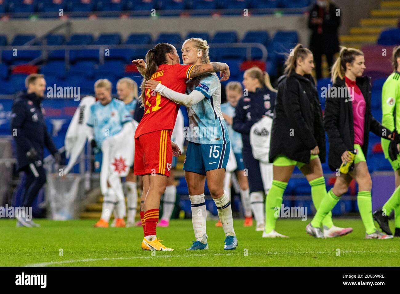 Cardiff, UK. 27th Oct, 2020. Amalie Eikeland of Norway and Natasha Harding of Wales hug at full time. UEFA Women's Euro 2022 qualifying match, group c, Wales women v Norway at the Cardiff city Stadium in Cardiff, South Wales on Tuesday 27th October 2020. Pic by Lewis Mitchell/Andrew Orchard sports photography/Alamy Live News Credit: Andrew Orchard sports photography/Alamy Live News Stock Photo