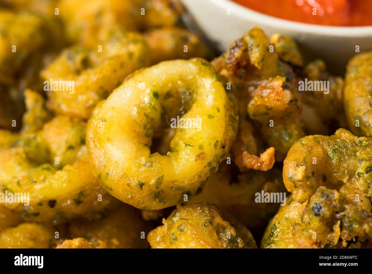 Homemade Deep Fried Calamari Appetizer with Marinara Sauce Stock Photo