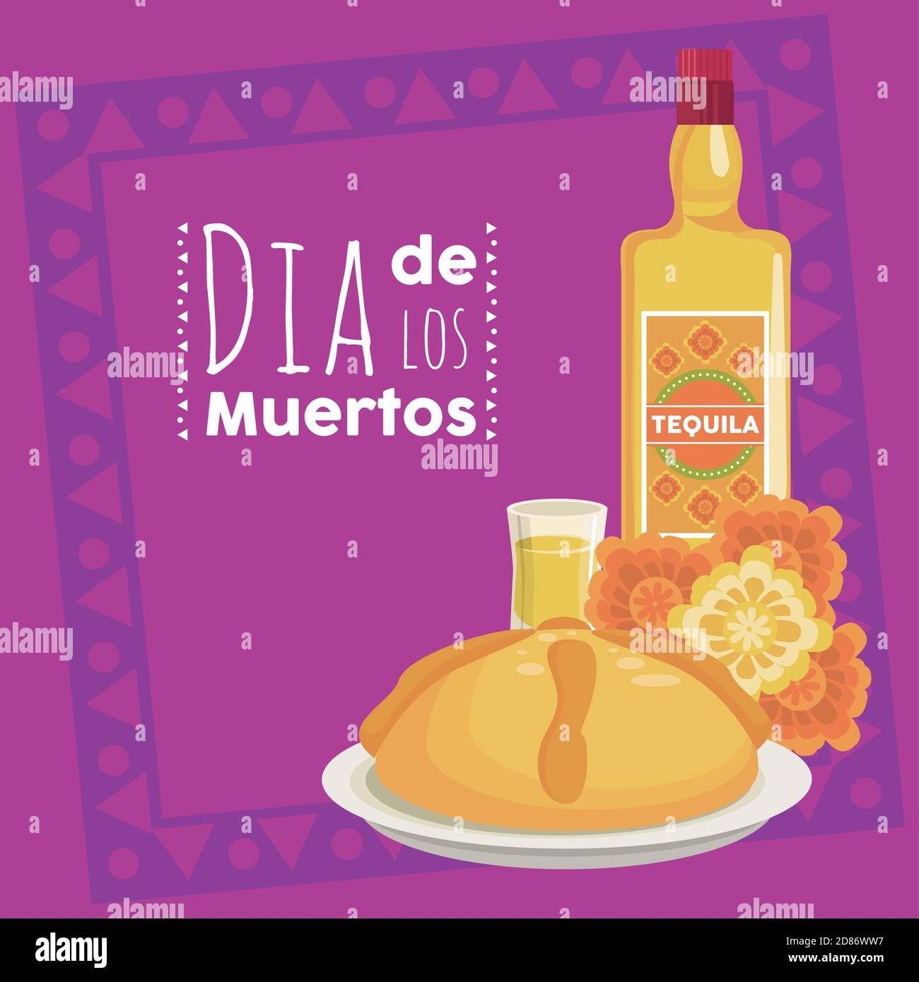dia de los muertos poster with tequila bottle and flowers vector
