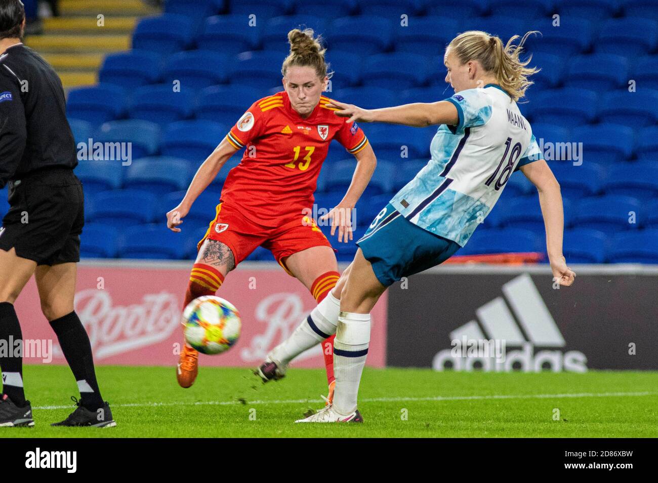 Cardiff, UK. 27th Oct, 2020. Frida Maanum of Norway in action against Rachel Rowe of Wales UEFA Women's Euro 2022 qualifying match, group c, Wales women v Norway at the Cardiff city Stadium in Cardiff, South Wales on Tuesday 27th October 2020. Pic by Lewis Mitchell/Andrew Orchard sports photography/Alamy Live News Credit: Andrew Orchard sports photography/Alamy Live News Stock Photo