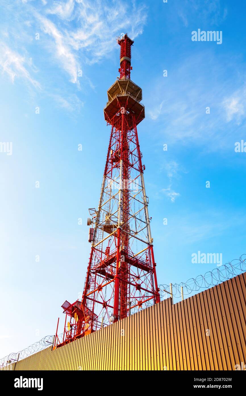 Pyatigorsk TV tower on background of blue sky with clouds in sunny day Stock Photo