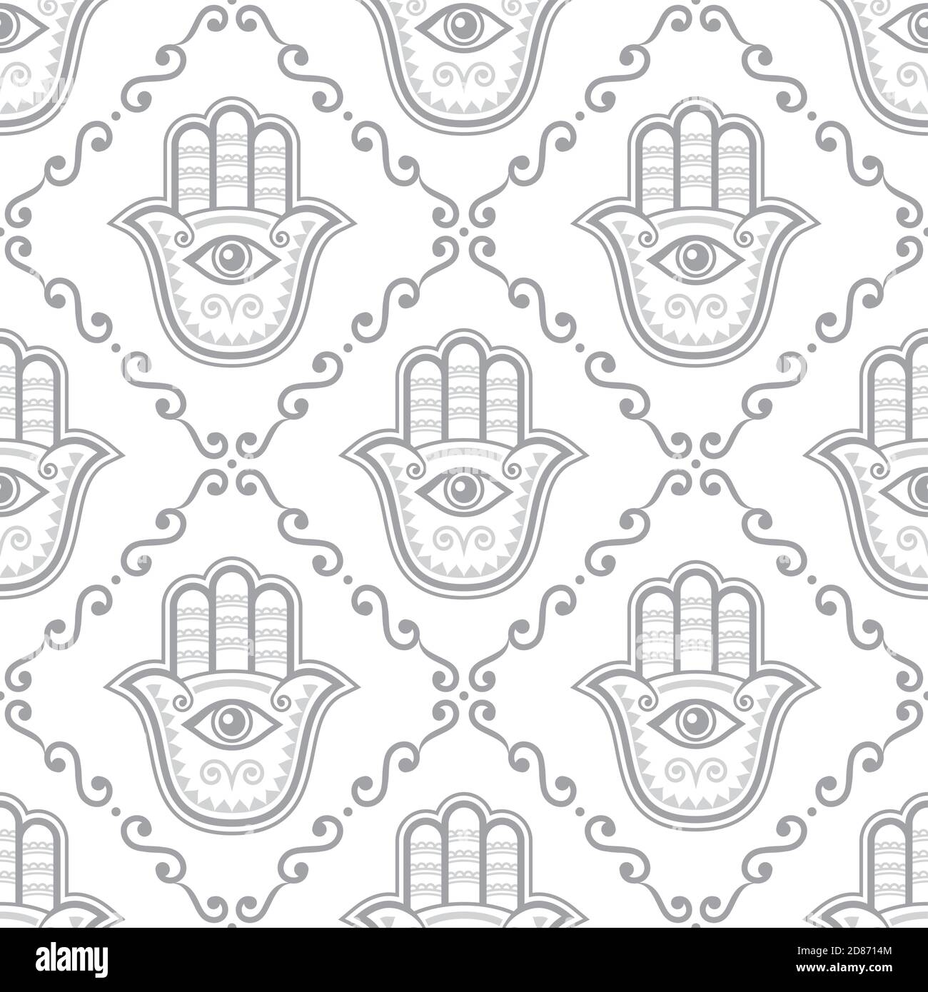 Hamsa hand seamless vector pattern, Khamsa or Hand of Fatima gray repetitive design, symbol of protection from devil eye background Stock Vector