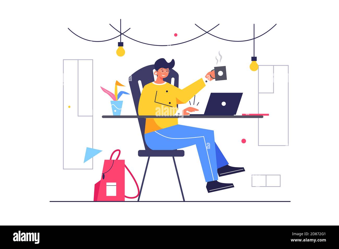 The guy sits at a laptop in a cafe Stock Vector