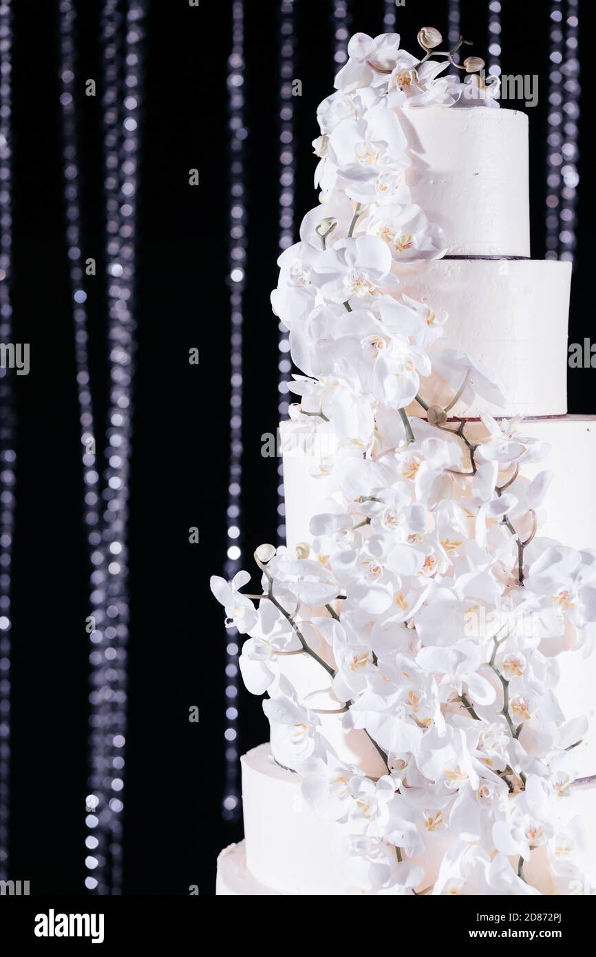 Close up wedding cake decorated with white orchids. Wedding cake at the dark brilliant background Stock Photo