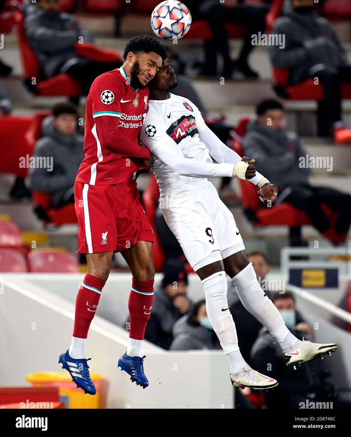 Liverpool's Joe Gomez and FC Midtjylland's Sory Kaba battle for the ball  during the UEFA Champions League Group D match at Anfield, Liverpool Stock  Photo - Alamy