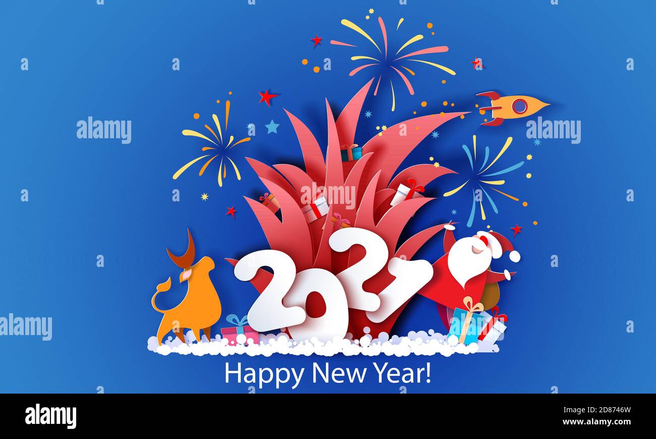 New year advertising design. Santa Claus with bull and fireworks over big letters 2021 on blue background. Vector paper cut art illustration for promotion banners, headers, posters, stickers Stock Vector