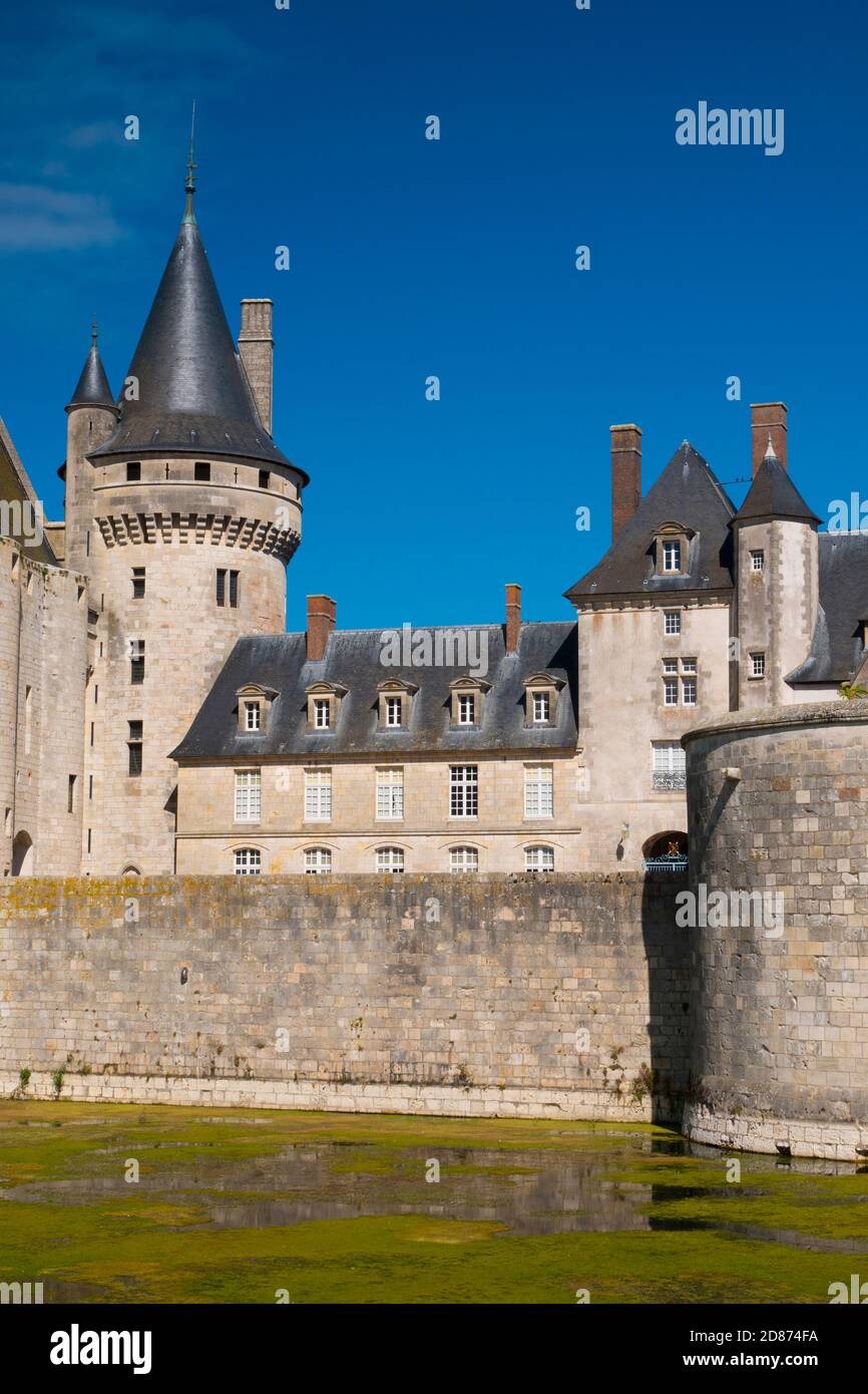 France, Loiret (45), Sully-sur-Loire, castle, the moats are invaded by green algae generated by low Loire river level and hot temperatures Stock Photo