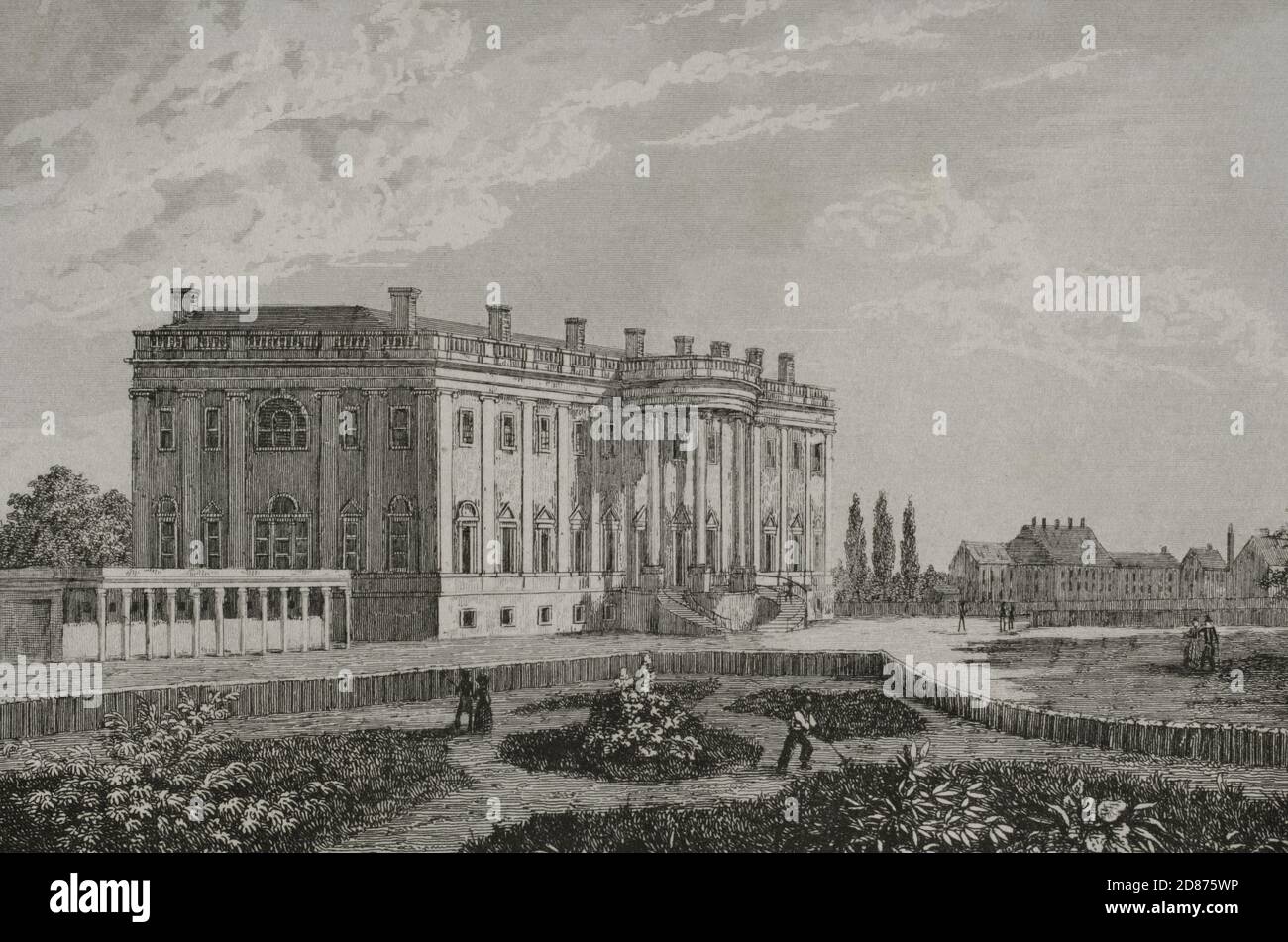 United States, Washington D.C. The White House. Designed by James Hoban (1758-1831), in Neoclassical style, its construction took place between 1792 and 1800. It has been the residence of every U.S, president since John Adams in 1800. Engraving by Arnout. Panorama Universal. History of the United States of America, from 1st edition of Jean B.G. Roux de Rochelle's Etats-Unis d'Amérique in 1837. Spanish edition, printed in Barcelona, 1850. Stock Photo