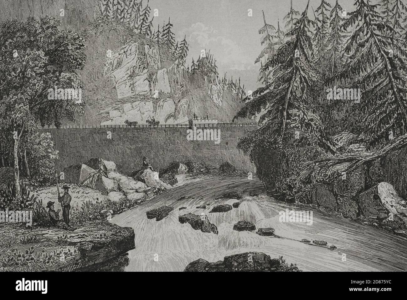 United States, New York State. Little Falls. Mohawk River valley rapids and rocks. A canal was constructed around the rapids about 1795. Engraving by Milbert. Panorama Universal. History of the United States of America, from 1st edition of Jean B.G. Roux de Rochelle's Etats-Unis d'Amérique in 1837. Spanish edition, printed in Barcelona, 1850. Stock Photo
