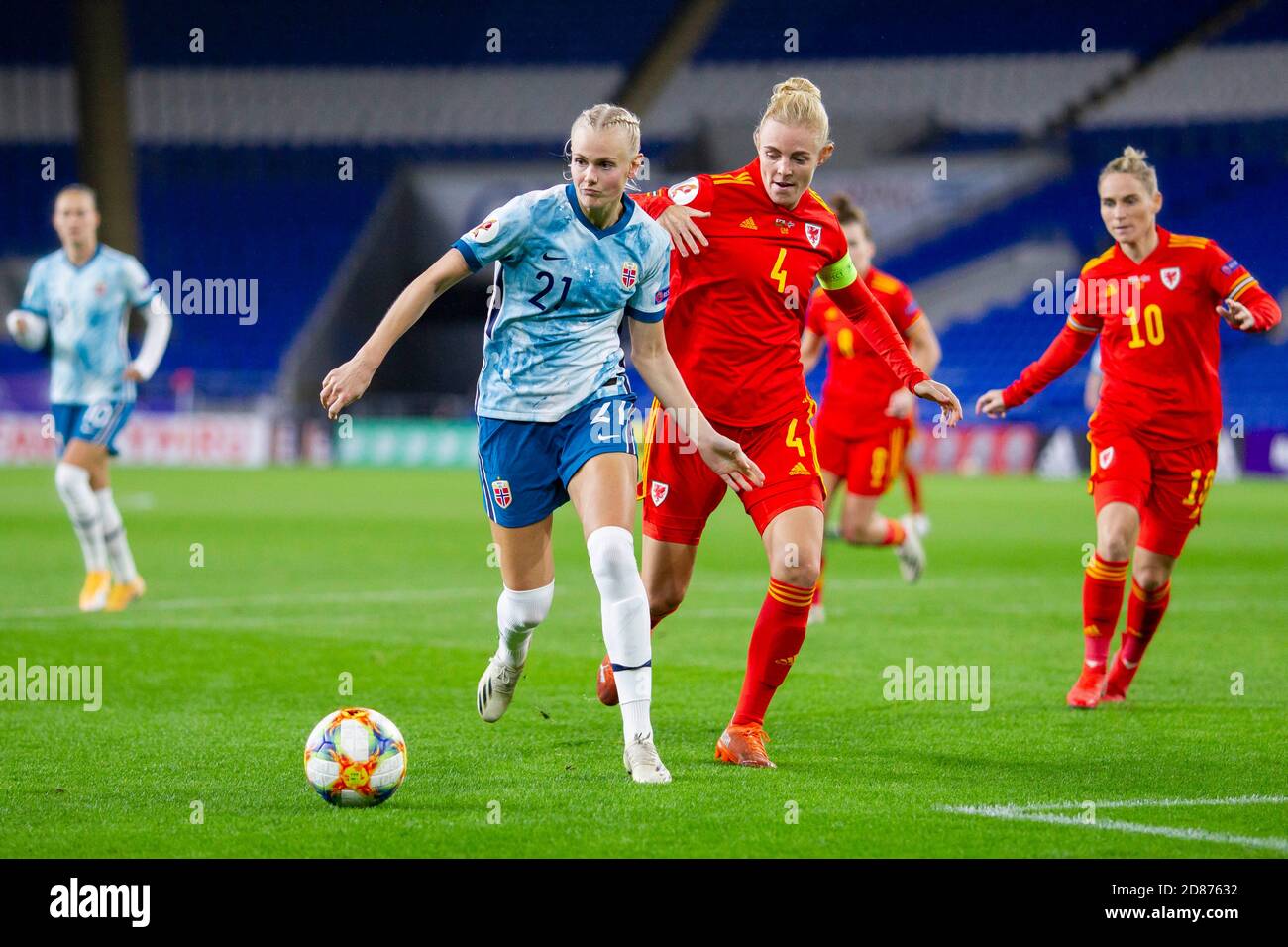 Cardiff, Wales, UK. 27th Oct, 2020. Karina Saevik of Norway and Sophie Ingle of Wales during the UEFA Women's Euro 2022 qualification match between Wales and Norway at Cardiff City Stadium. Credit: Mark Hawkins/Alamy Live News Stock Photo