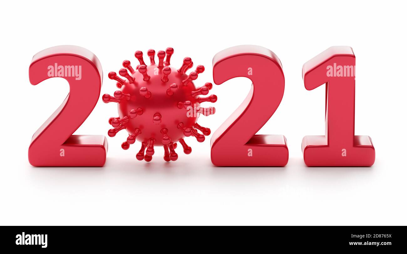 2021 is the year of the coronavirus. Digit 2021 with viruses. 3d rendering Stock Photo