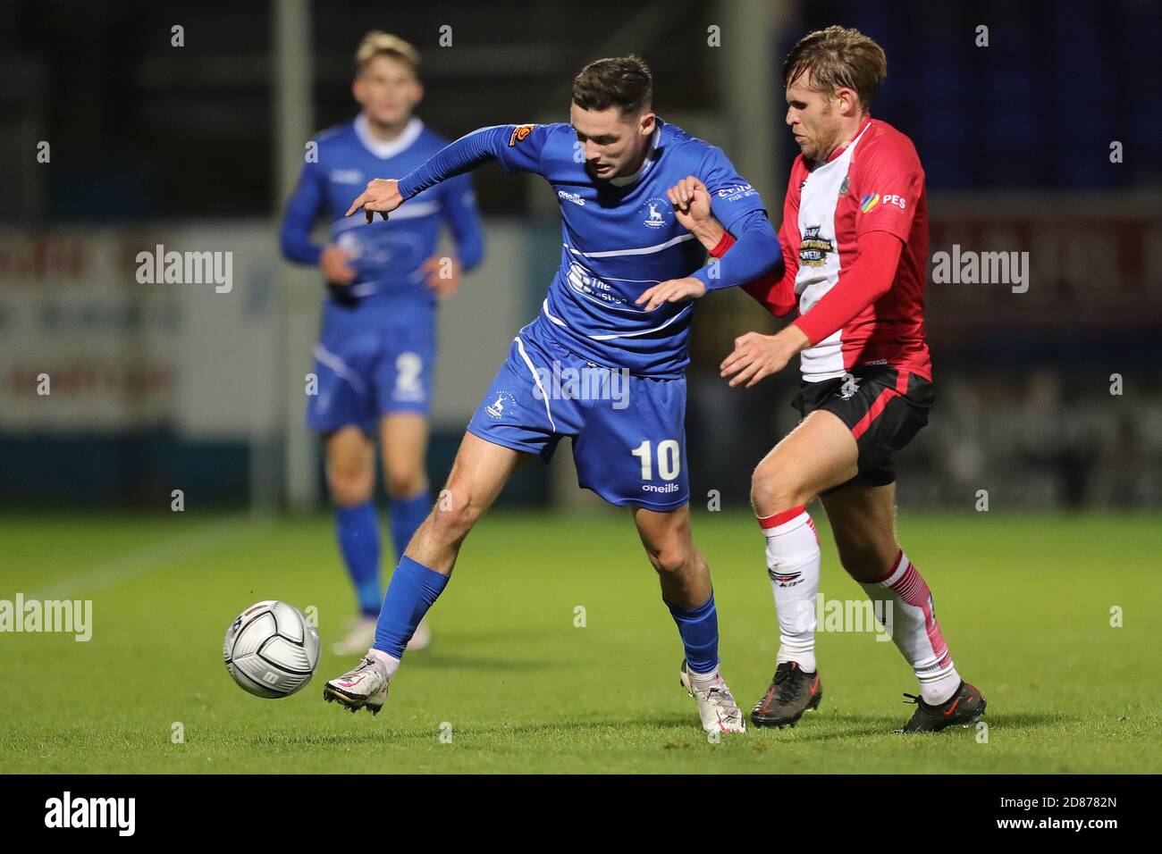 Hartepool, County Durham, UK. 27th Oct 2020. Hartlepool United's Gavan  Holohan in action with Altrincham's Tom Hannigan during the Vanarama  National League match between Hartlepool United and Altrincham at Victoria  Park, Hartlepool