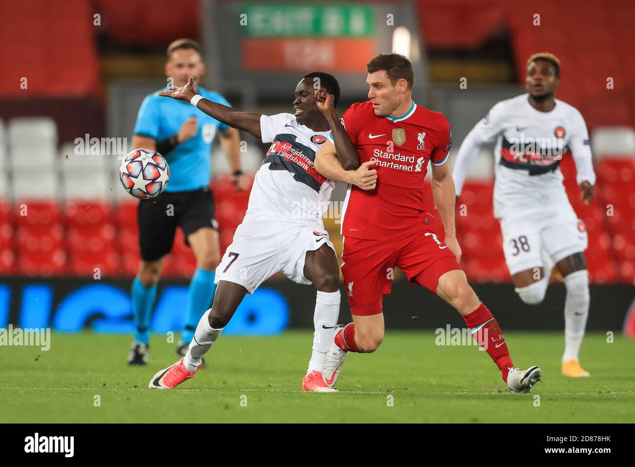 James Milner (7) of Liverpool fouls Pione Sisto (7) of FC Midtjylland Credit: News Images /Alamy Live News Stock Photo