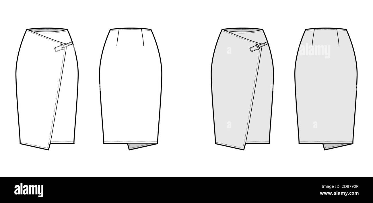 Download Skirt Wrap Technical Fashion Illustration With Straight Knee Silhouette Pencil Fullness Close With Carabiner Connector Flat Bottom Template Front Back White Grey Color Style Women Men Cad Mockup Stock Vector Image