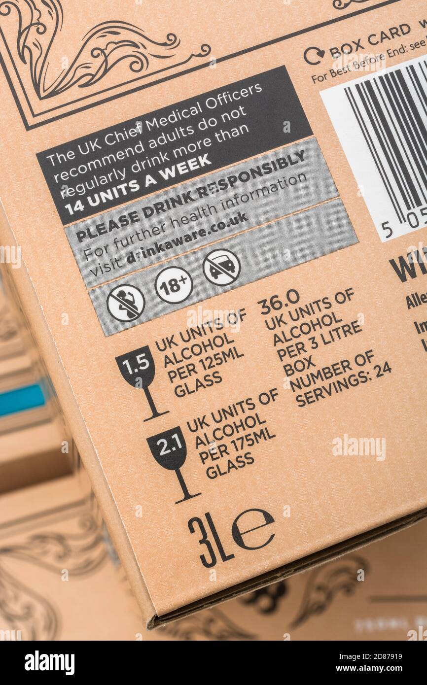 Boxed white wine from ASDA with alcohol units label / alcohol awareness label. Packed by International Procurement & Logistics Ltd. - part of ASDA. Stock Photo