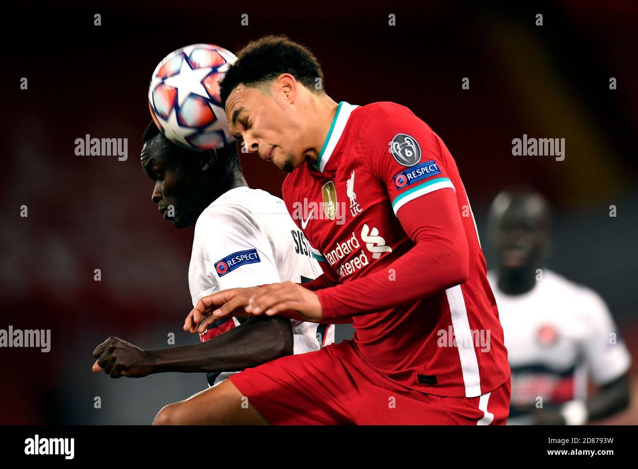Liverpool's Trent Alexander-Arnold and FC Midtjylland's Pione Sisto during the UEFA Champions League Group D match at Anfield, Liverpool. Stock Photo
