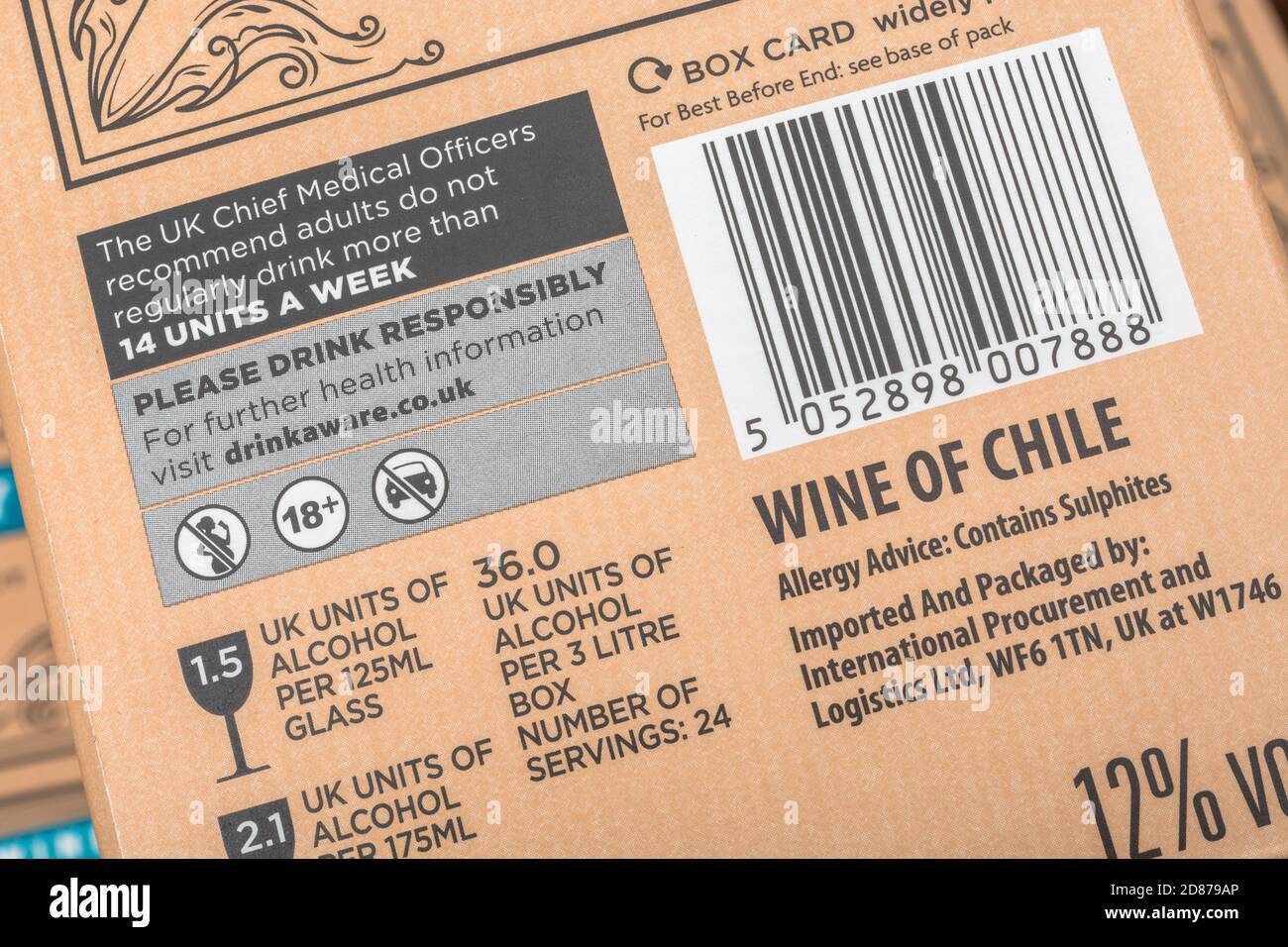Boxed white wine from ASDA with alcohol units label / alcohol awareness label. Packed by International Procurement & Logistics Ltd. - part of ASDA. Stock Photo