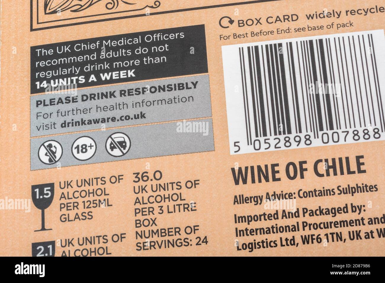Boxed white wine from ASDA with alcohol units label / alcohol awareness  label. Packed by International Procurement & Logistics Ltd. - part of ASDA  Stock Photo - Alamy