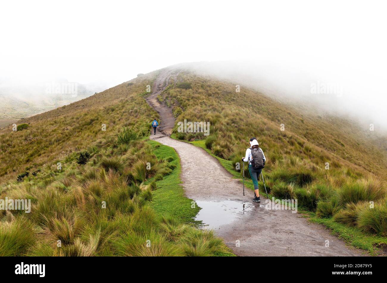 Two women hiking the Pichincha volcano ascent in the mist along the walking trail, Quito, Ecuador. Stock Photo