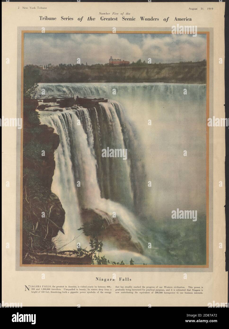 Niagara Falls, Ontario, New York Tribune page, Tribune Series of the Greatest Scenic Wonders of America, waterfall. August 31, 1919. Stock Photo