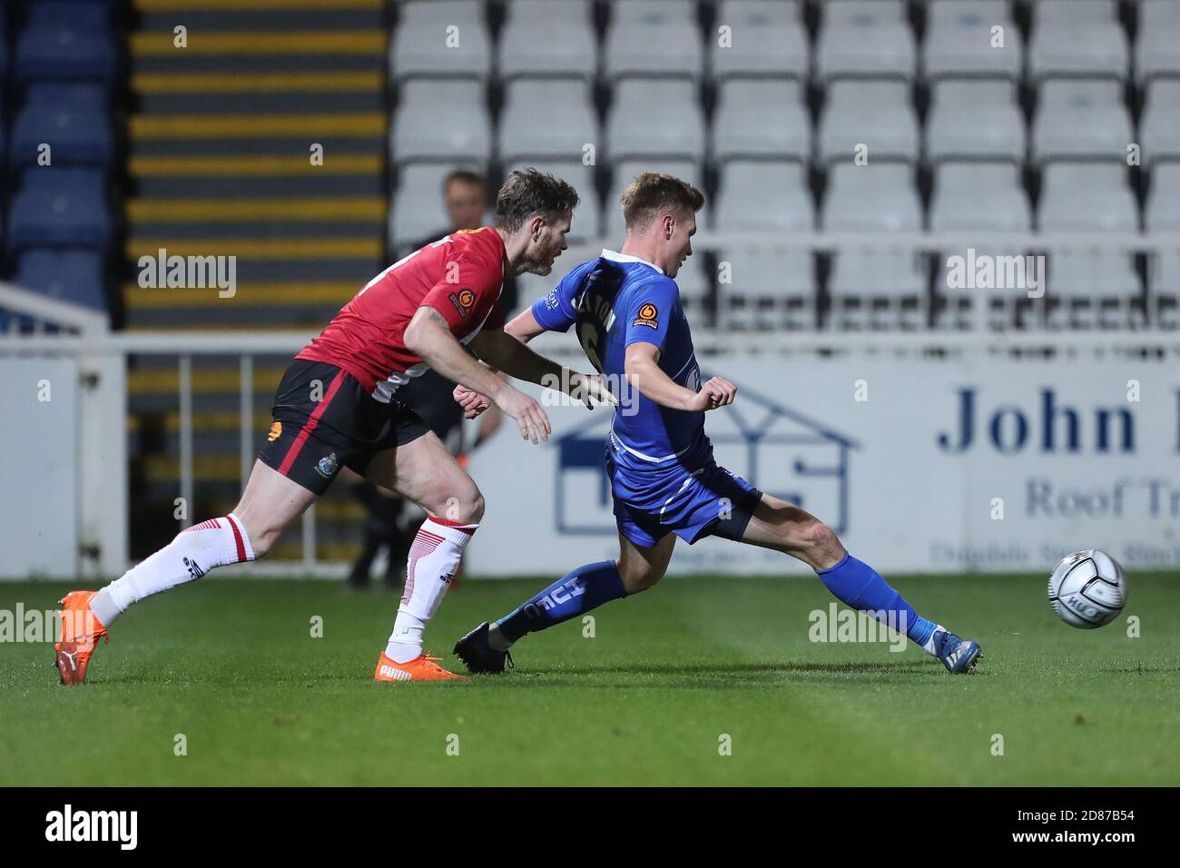 Hartepool, County Durham, UK. 27th Oct 2020. Hartlepool United's Gavan  Holohan in action with Altrincham's Tom Hannigan during the Vanarama  National League match between Hartlepool United and Altrincham at Victoria  Park, Hartlepool