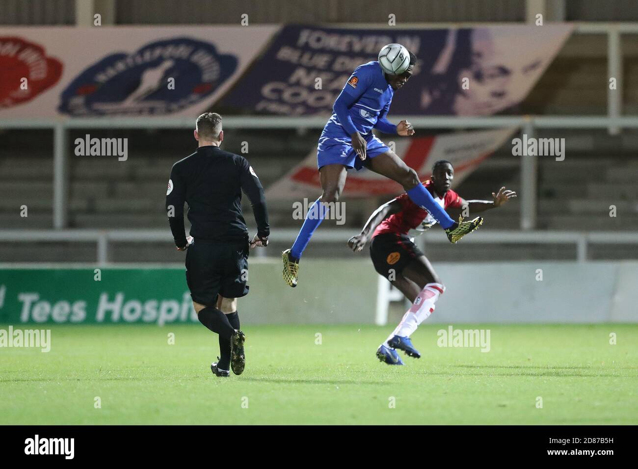 Hartepool, County Durham, UK. 27th Oct 2020. Lewis Cass of Hartlepool United  in action with Altrincham's Yusifu Ceesay during the Vanarama National  League match between Hartlepool United and Altrincham at Victoria Park