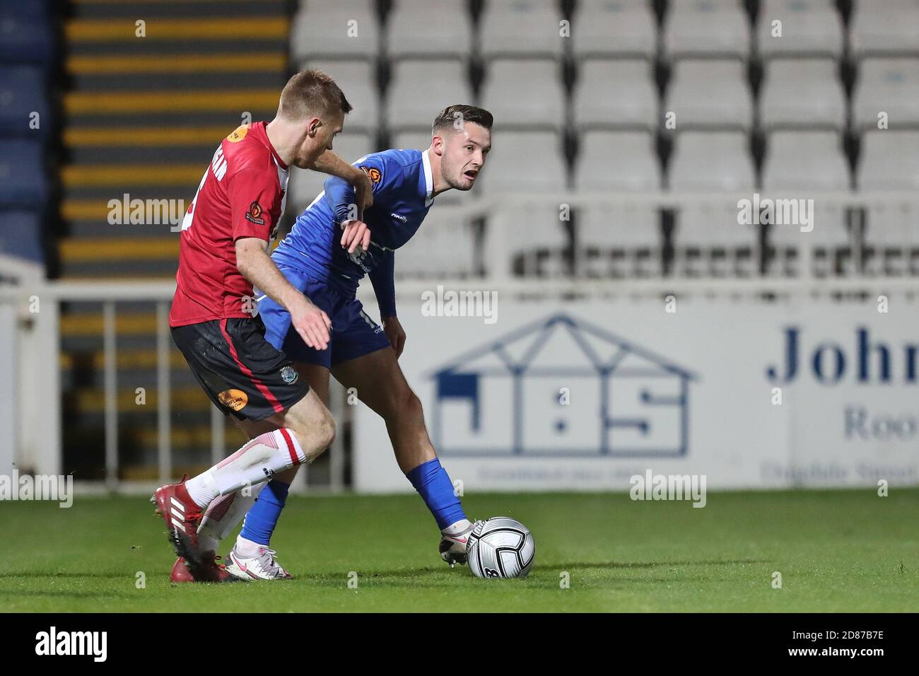 Hartepool, County Durham, UK. 27th Oct 2020. Lewis Cass of Hartlepool United  in action with Altrincham's Yusifu Ceesay during the Vanarama National  League match between Hartlepool United and Altrincham at Victoria Park