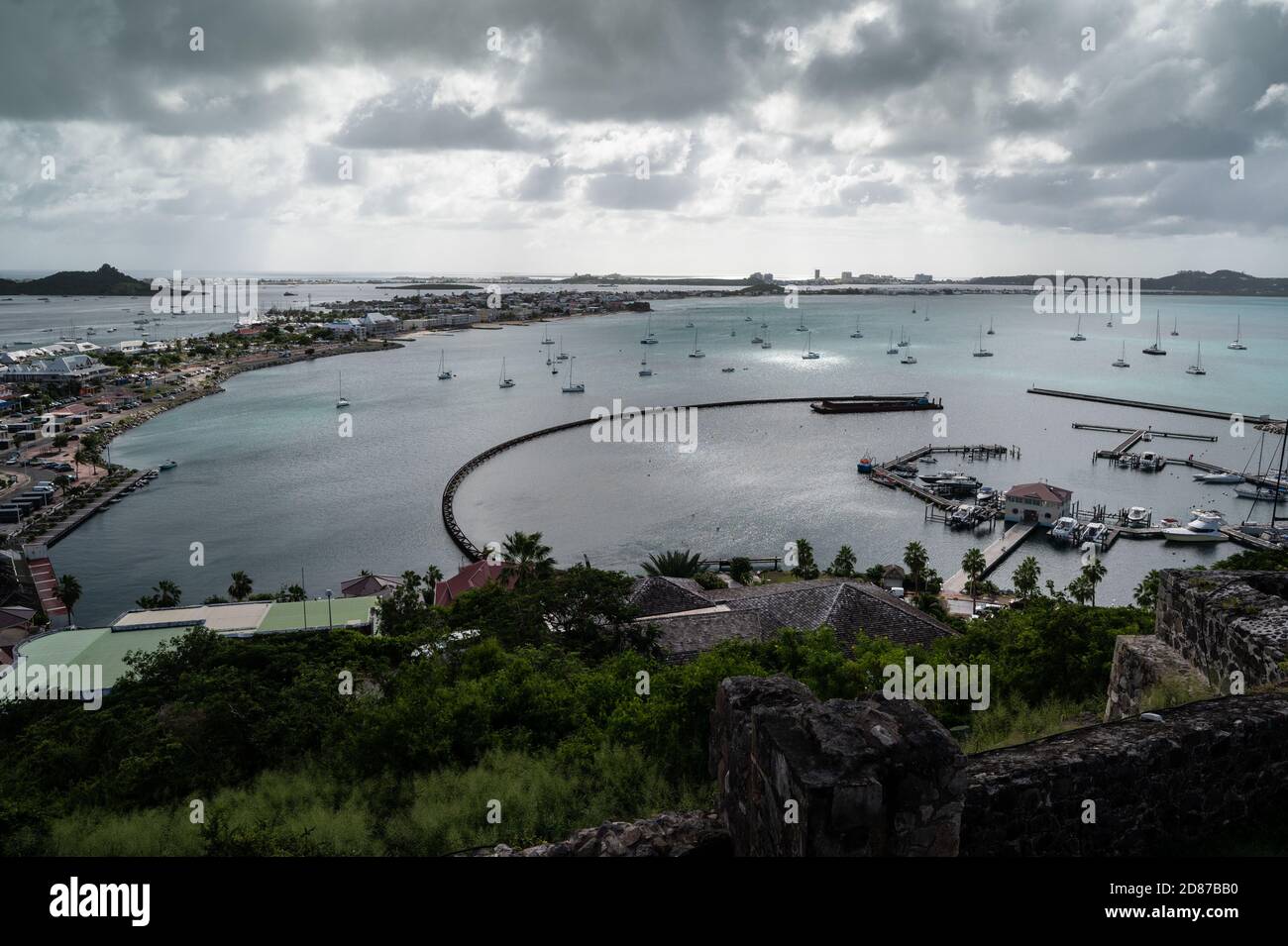The remains of Fort St Louis, a Napoleonic fort overlooking the town of Marigot, the capital of the French part of the island of St Martin in the Cari Stock Photo