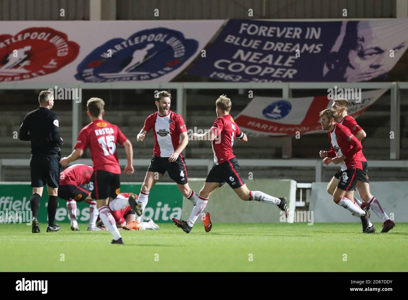 Hartepool, County Durham, UK. 27th Oct 2020. Lewis Cass of Hartlepool United  in action with Altrincham's Yusifu Ceesay during the Vanarama National  League match between Hartlepool United and Altrincham at Victoria Park