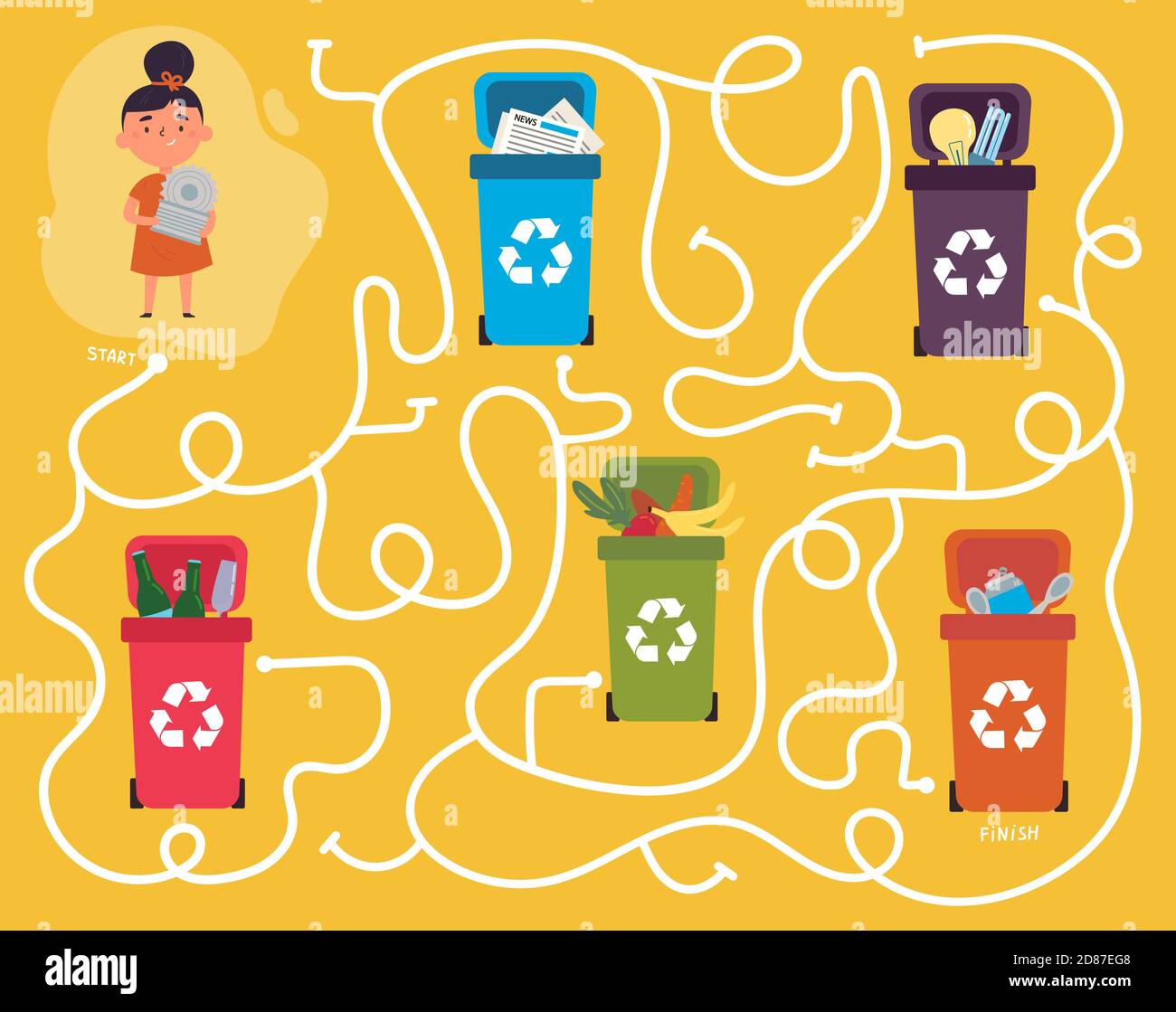 Recycling maze for kids with a solution Stock Vector
