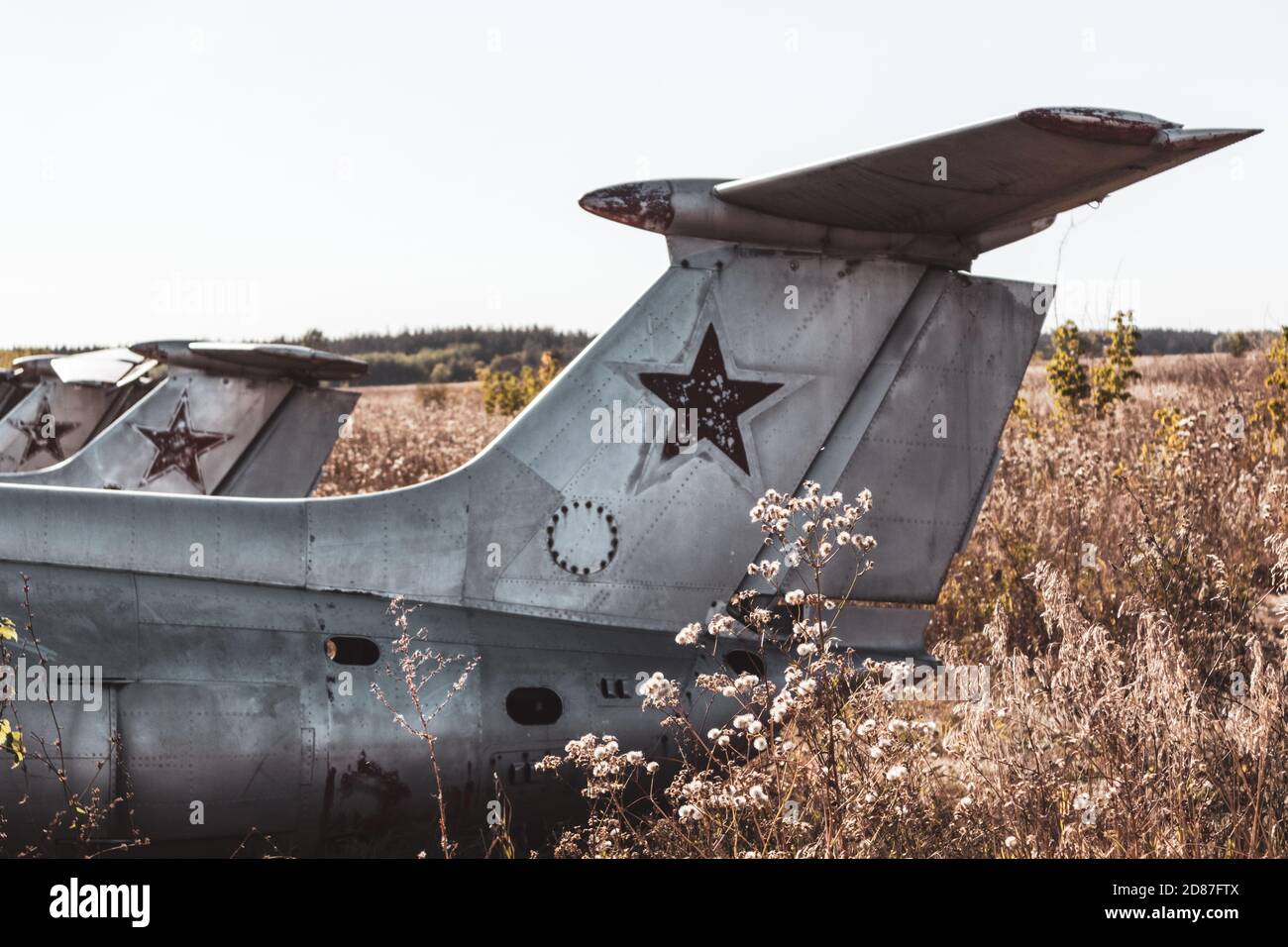 Old soviet plane fuselage and tail empennage close view in field. Aero L-29 Delfín a jet-powered trainer aircraft at abandoned Airbase remains in Vovc Stock Photo