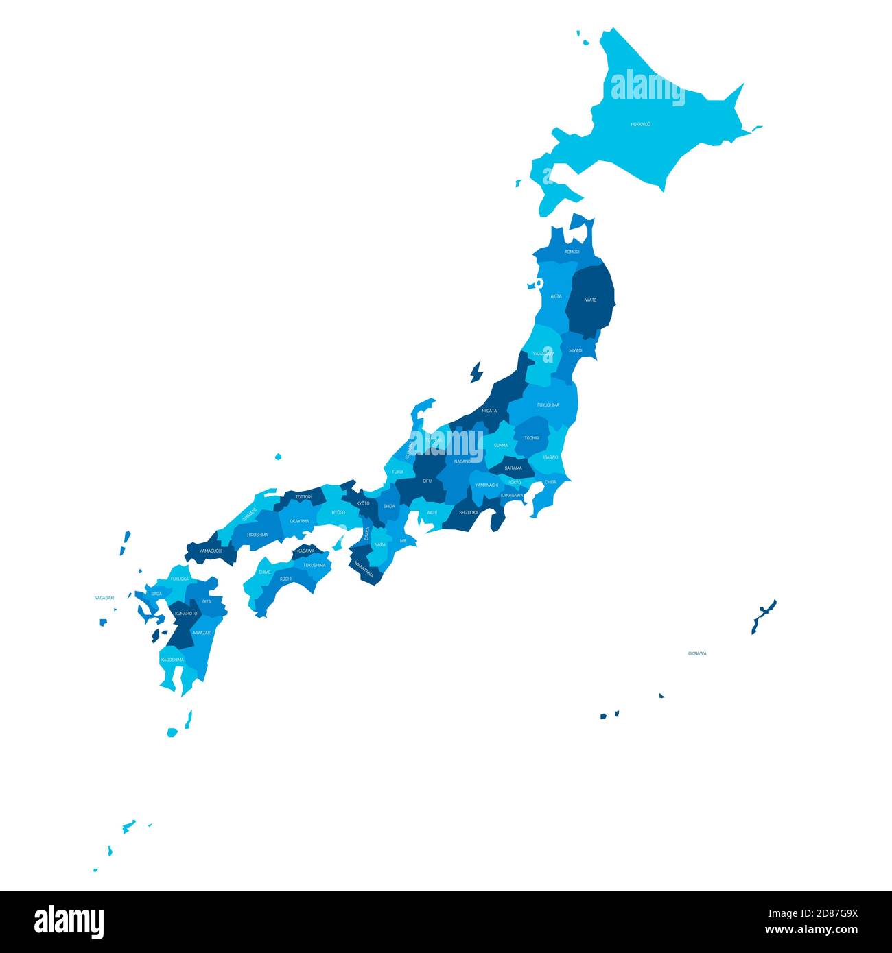 Blue political map of Japan. Administrative divisions - prefectures. Simple flat vector map with labels. Stock Vector