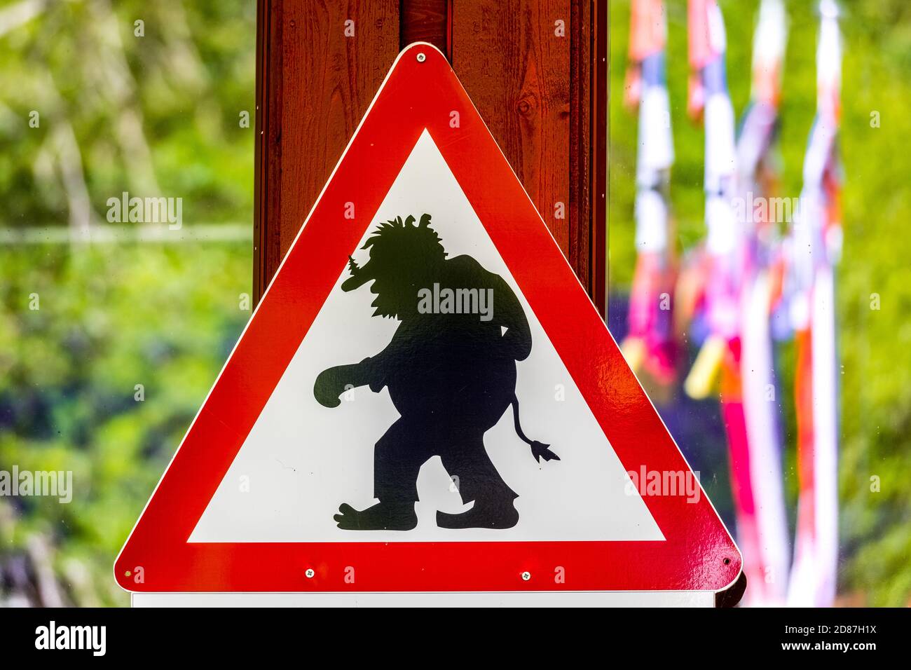 Traffic Sign, Caution Trolls, Innfjords, Møre og Romsdal, Norway, Scandinavia, Europe, adventure travel, mountain ghost, mythical creature, flags, tou Stock Photo