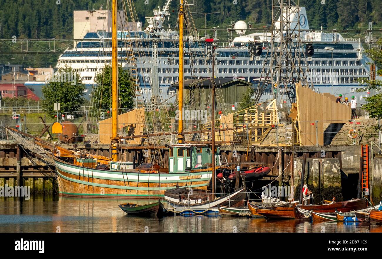 sailboats in port, cruise ship, Trondheim, Trøndelag, Norway, Scandinavia, Europe, adventure trip, Anna Magrethe, boats, fishing boats, river Nidelva, Stock Photo