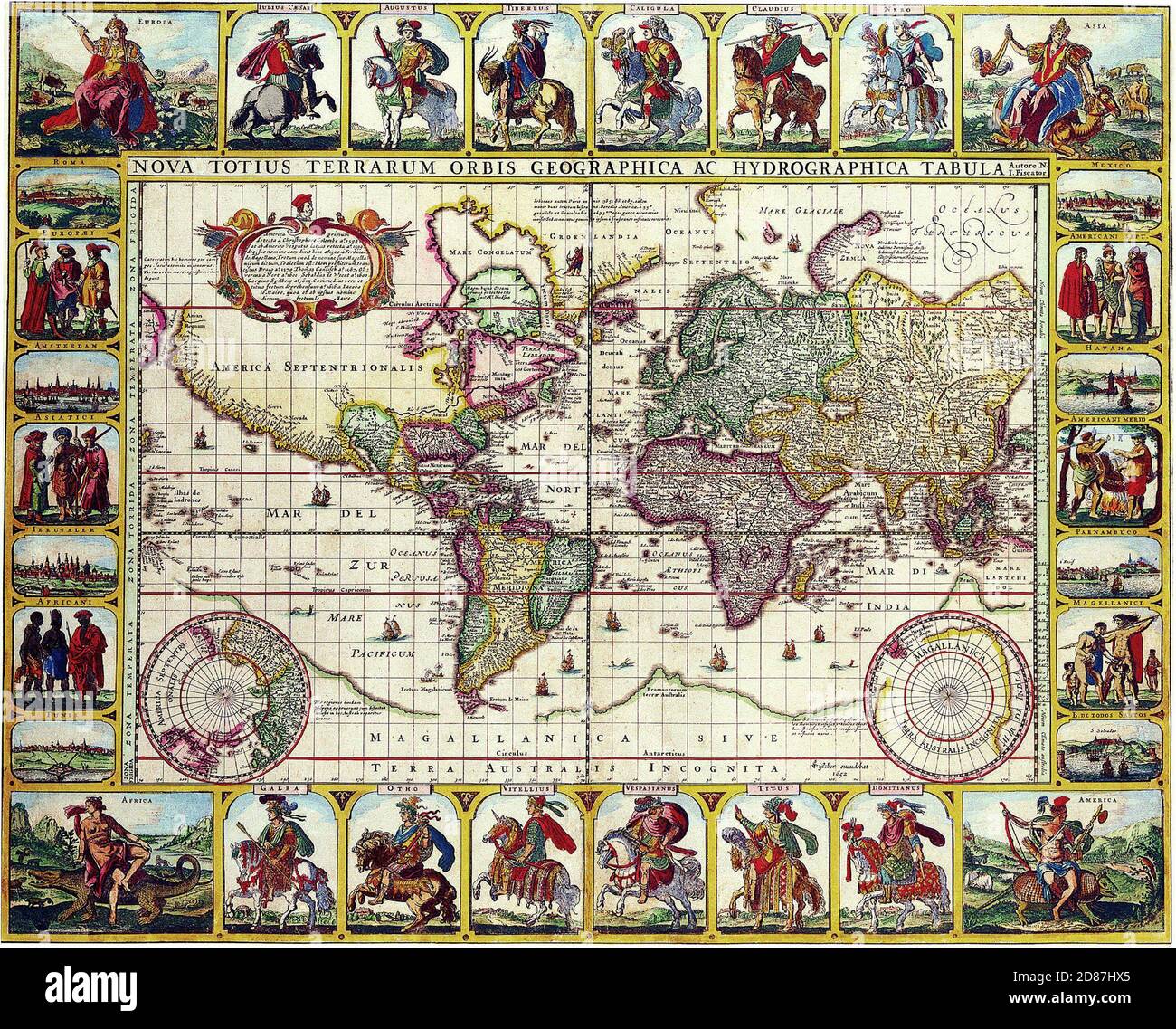 Illustrated old map of the World, vintage style full of details, Full of important persons, details and information. Stock Photo