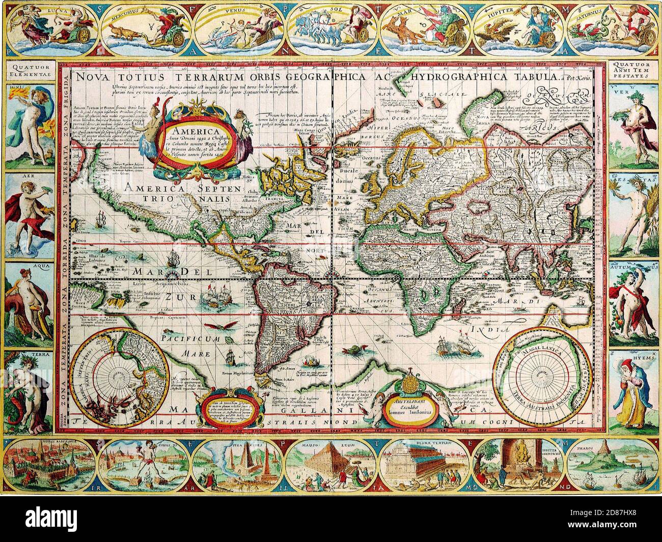 Illustrated old map of the World, vintage style full of details. Nova Totius Terrarum Orbis Geographica. Stock Photo