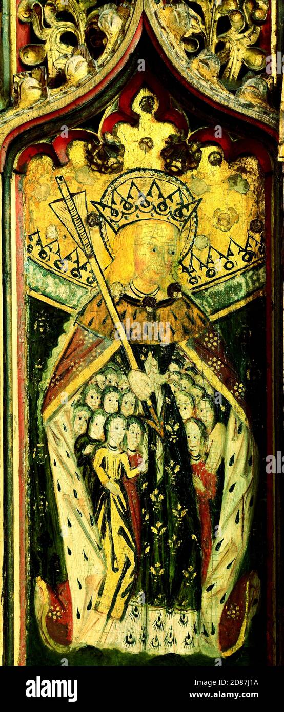 St. Ursula, 11000 Virgins, rood screen, medieval, painting, Eye, Suffolk, England, paintings, female saint, saints, paintings Stock Photo