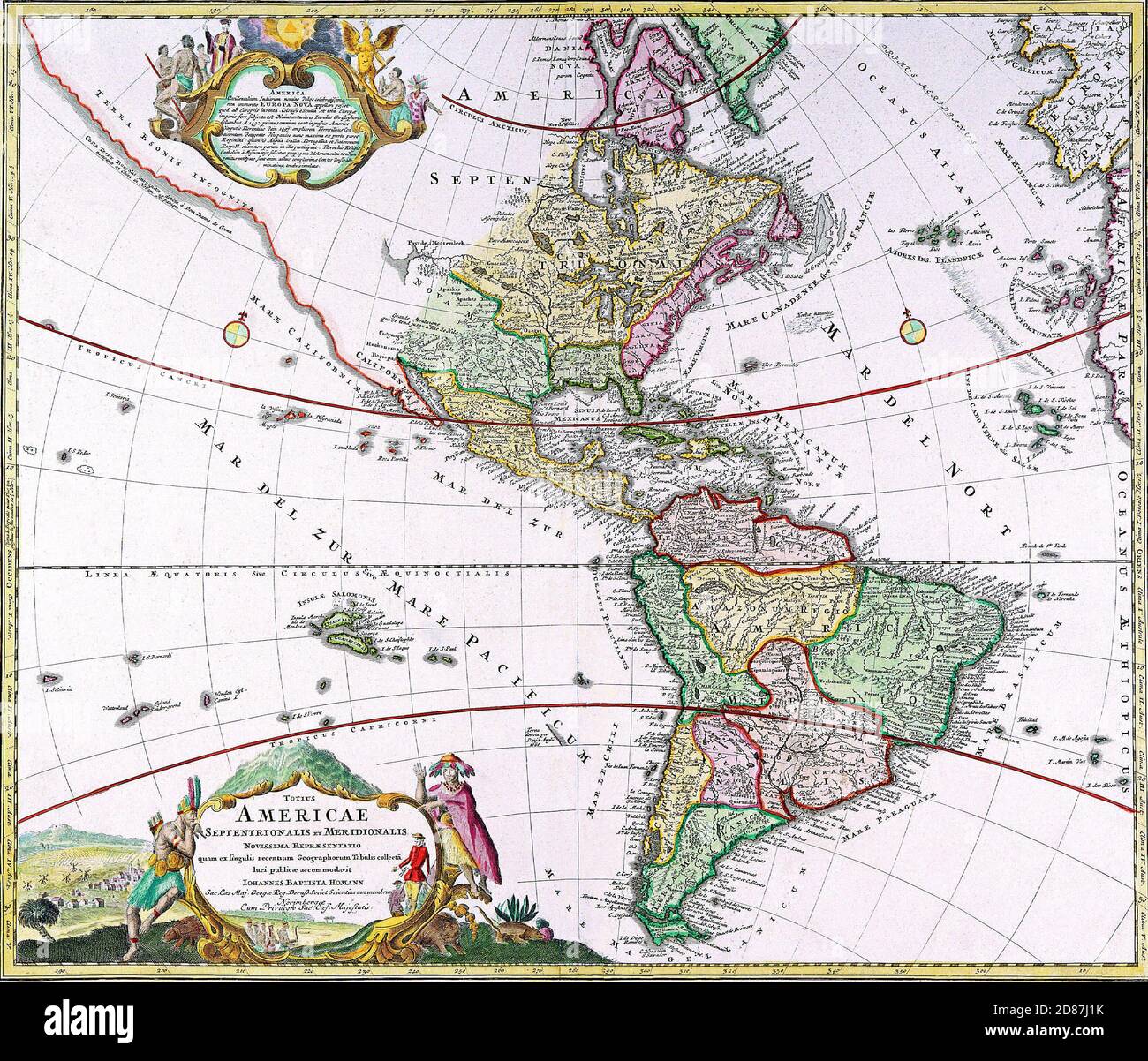 Old map 'America by Homann' TOTIUS AMERICAE SEPTENTRIONALIS ET MERIDIONALIS NOVISSIMA REPRAESENTATIO. Johann Baptist Homann (*1664 - †1724) Stock Photo