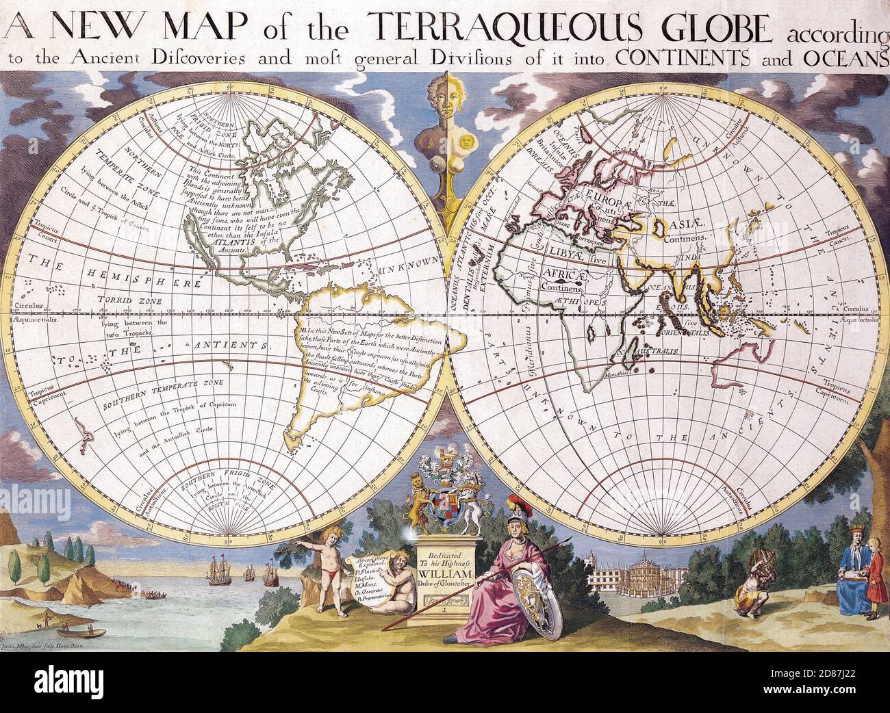 A new map of the Terraqueous Globe. Illustrated old map of the World, vintage style full of details Stock Photo