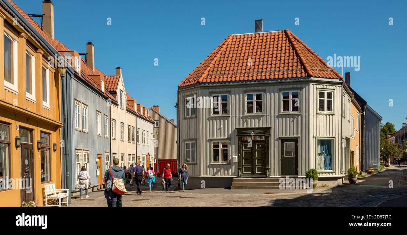 Houses in the city centre, segway, Nedre Bakklandet corner Nygata street, Trondheim, Trøndelag, Norway, Scandinavia, Europe, adventure travel, tourism Stock Photo