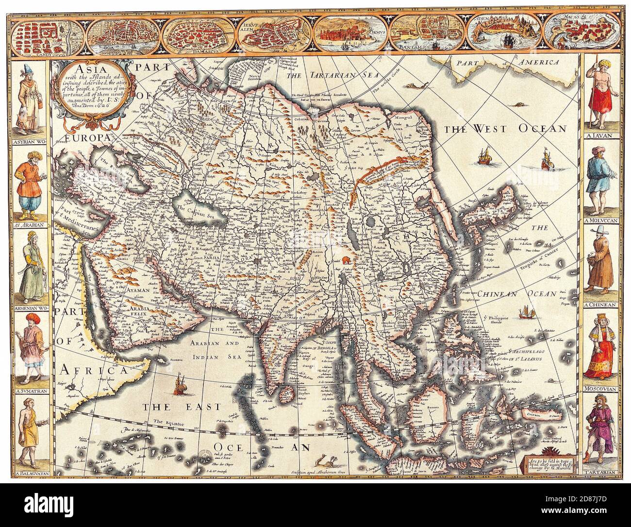 Antique Maps of the World. Map of Asia. John Speed. c 1626 Stock Photo