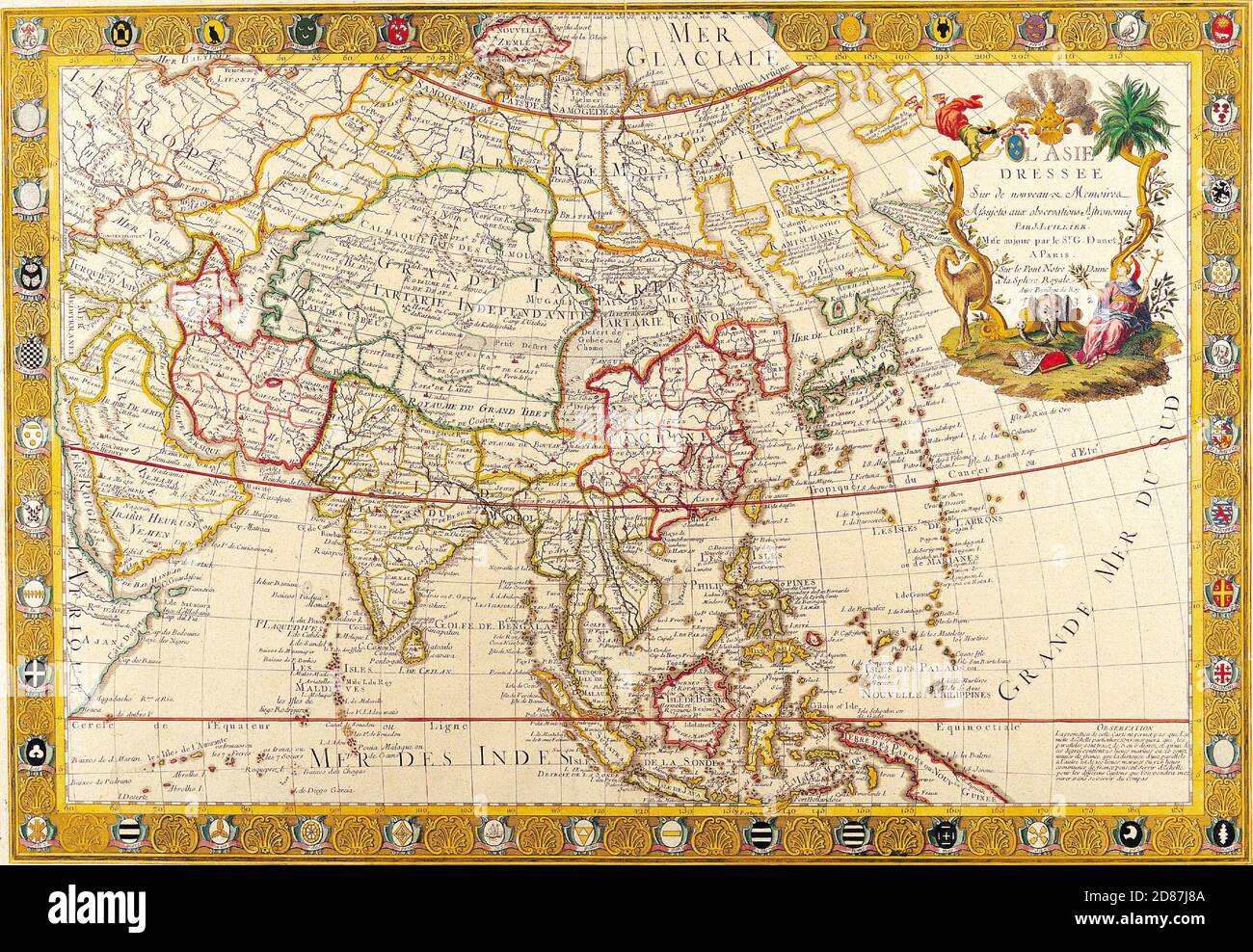Antique Maps of the World. Map of Asia Guillaume Danet c 1732 Stock Photo