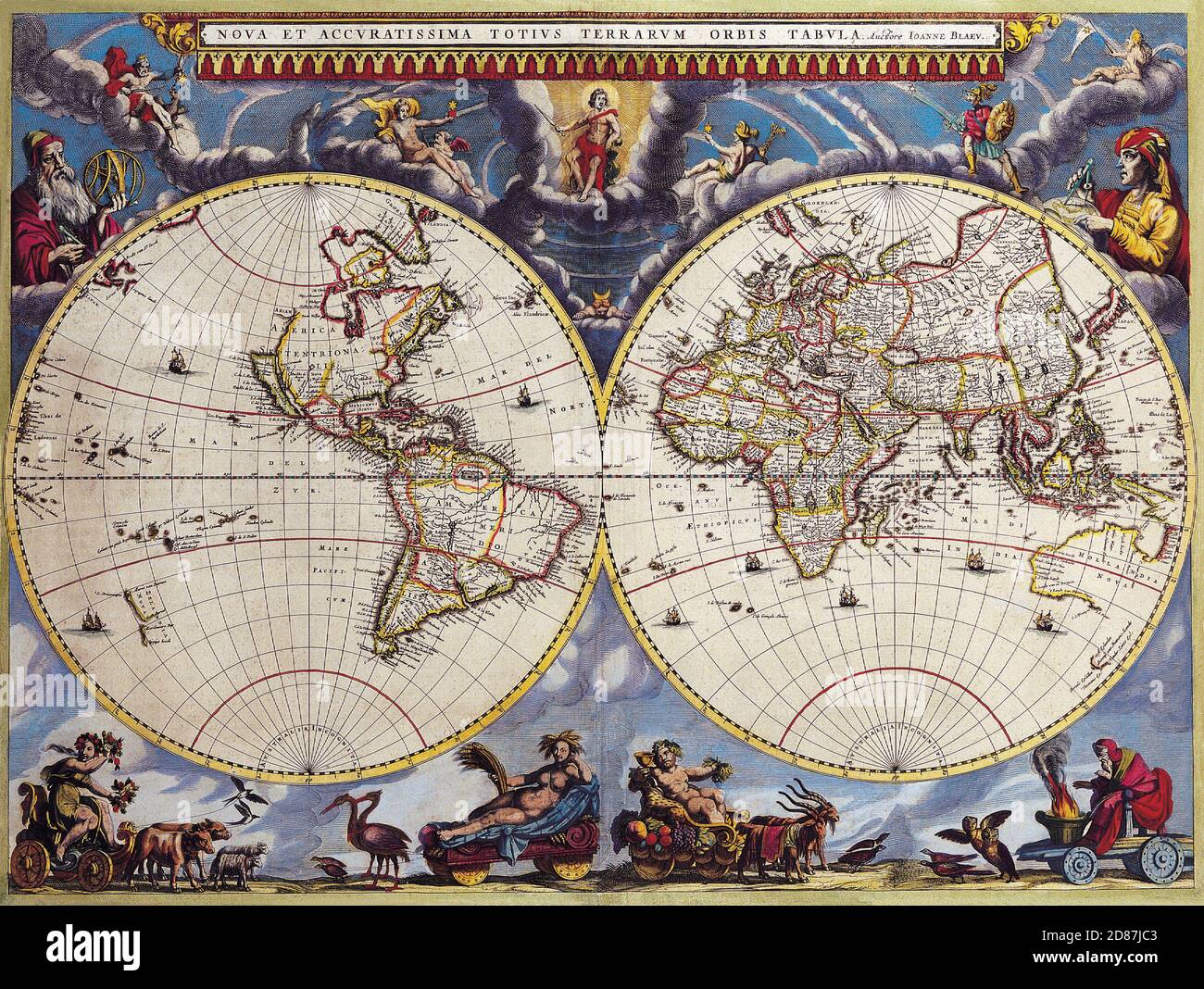 Illustrated old map of the World, vintage style full of details. Two hemispheres. Angels and persons surrounding. Stock Photo