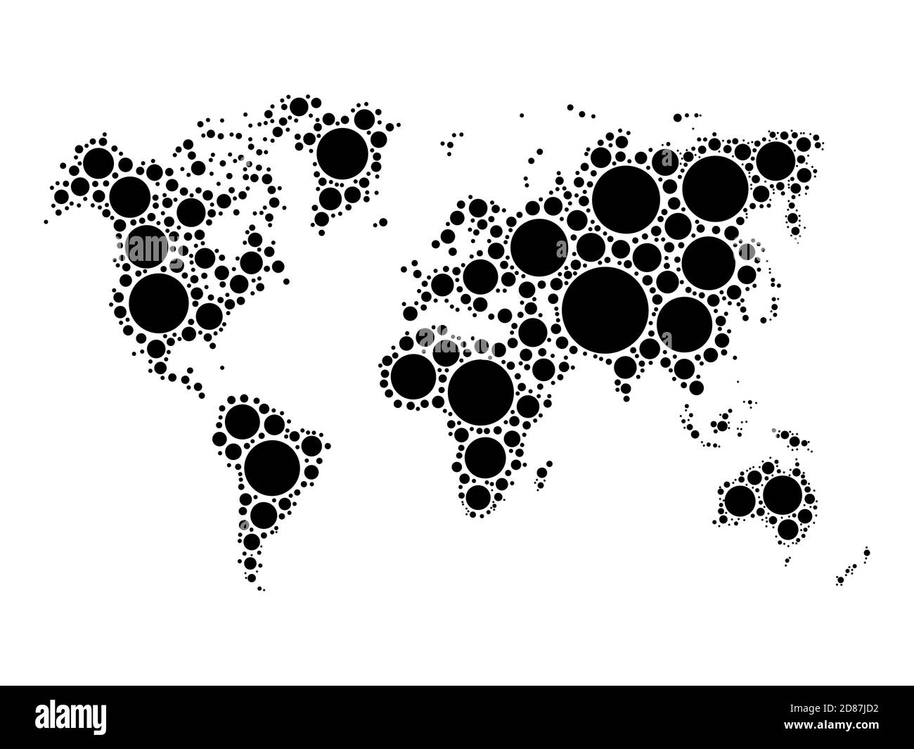 World map mosaic made of dots in various sizes. Black vector ...