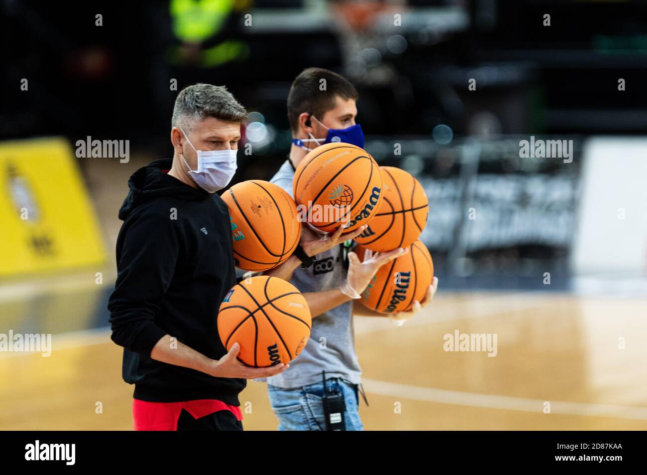 Bilbao, Basque Country, SPAIN. 27th Oct, 2020. October 27, 2020, Bilbao,  Basque Country, SPAIN: Basketball CL staff people with the official ball  during the Basketball Champions League game between Bilbao Basket and