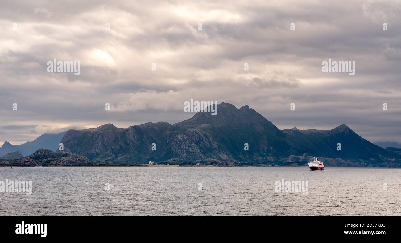 Ship MS Kong Harald, Bolga, Nordland, Norway, Scandinavia, Europe, adventure trip, mountains, rocky coast, tourism, Hurtigruten, Hurtigruten voyage, c Stock Photo