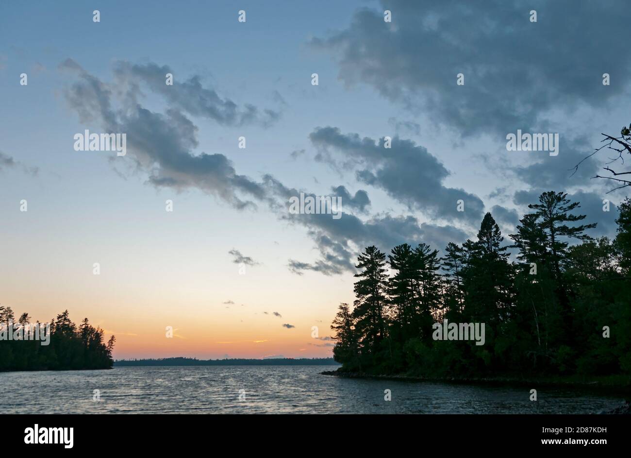 Twilight Silhouettes in the North Woods on Bayley Bay in Quetico Provincial Park in Ontario Stock Photo