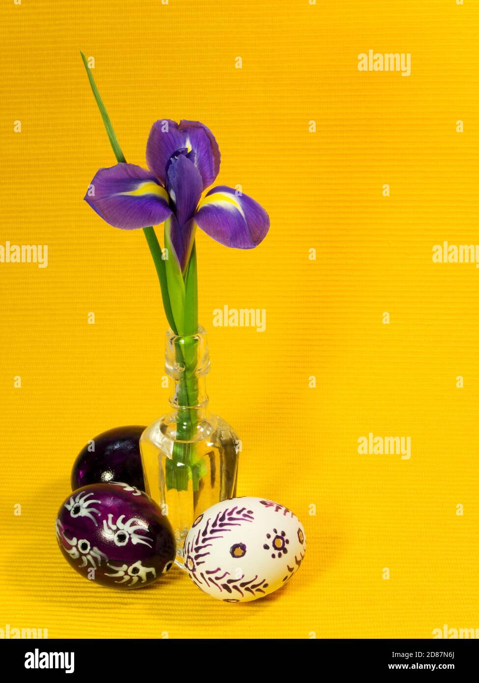 Three painted easter eggs and iris flower Stock Photo