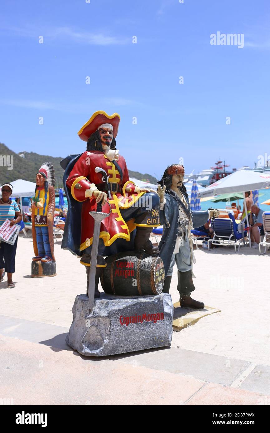Captain Morgan rum pirate figure statue outside Captain's duty free shop boardwalk promenade by the beach.Toutist attraction.Lesser Antilles,Caribbean Stock Photo