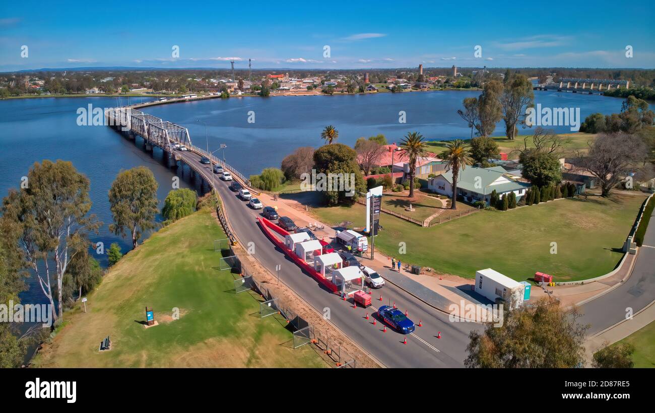 Mulwala, New South Wales / Australia - October 21 2020: Aerial view of Victoria NSW border checkpoint just over the bridge in Mulwala Stock Photo